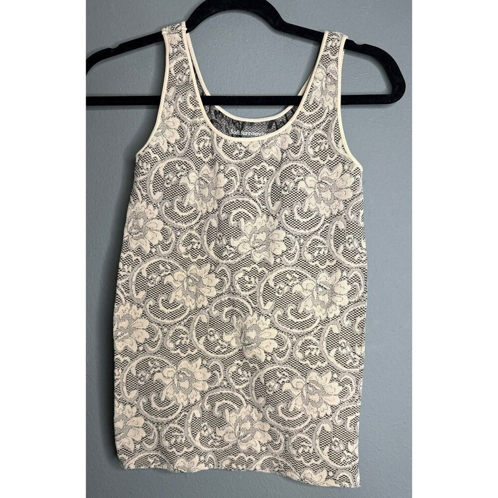 Soft Surroundings Seamless Jacquard Tank Blouse Nude Tan Black Lace OS